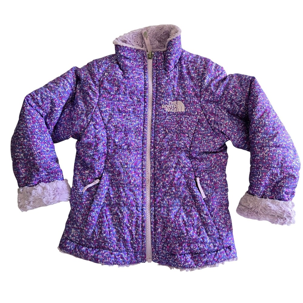 The North Face XXS 5 Reversible Puffer Jacket Girls Purple Pixel Print Fleece